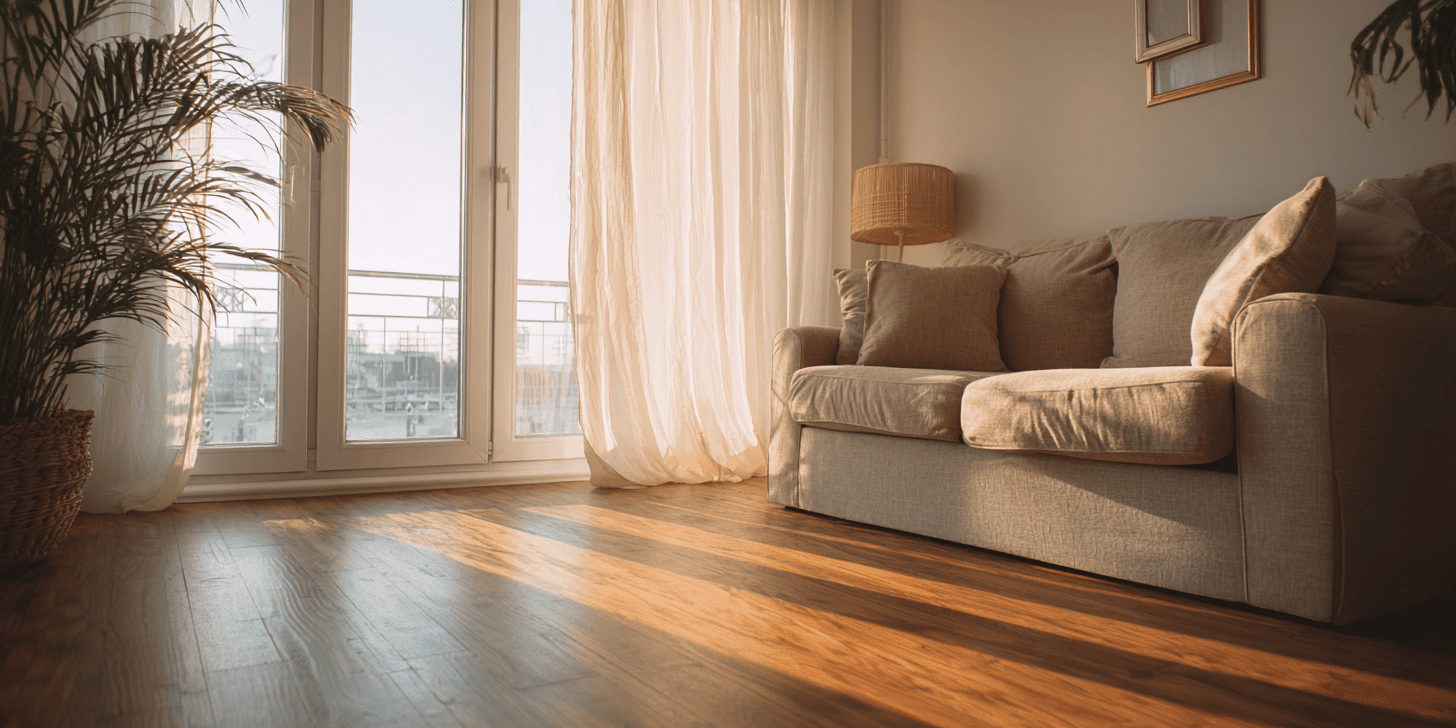 Lichte woonkamer met houten vloer en een groot raam
