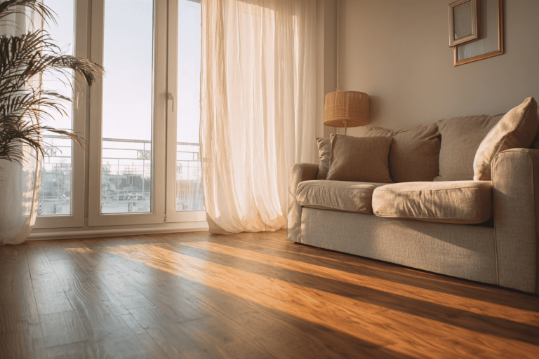 Lichte woonkamer met houten vloer en een groot raam